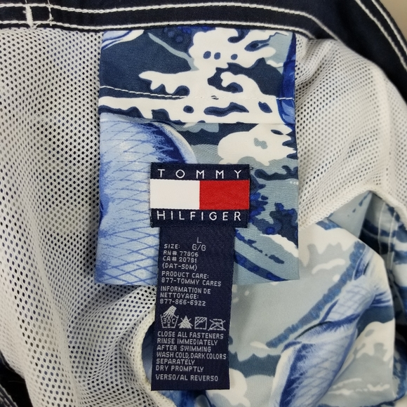 Vtg Tommy Hilfiger Men Swim Trunks Sz L Blue Fish - Picture 6 of 8